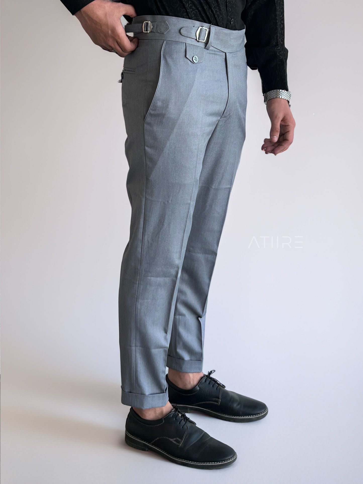 ASH GREY SINGLE PLEATED BUCKLE GURKHA PANTS BY ATIIRE