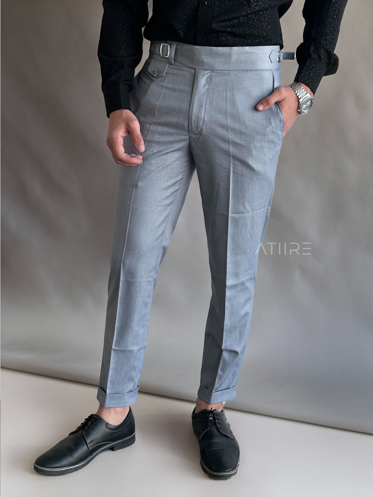 ASH GREY SINGLE PLEATED BUCKLE GURKHA PANTS BY ATIIRE