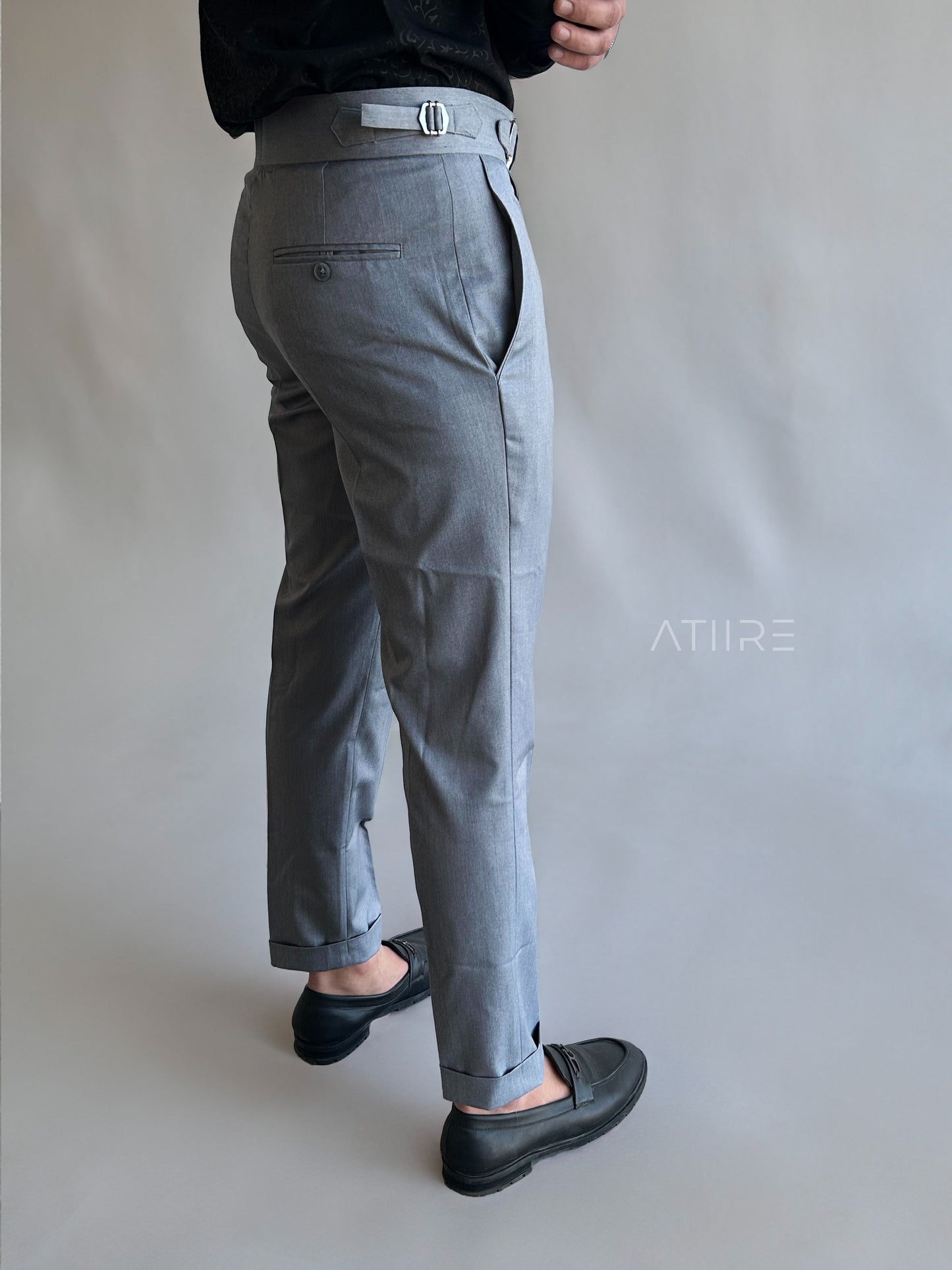 ASH GREY SINGLE PLEATED BUCKLE GURKHA PANTS BY ATIIRE