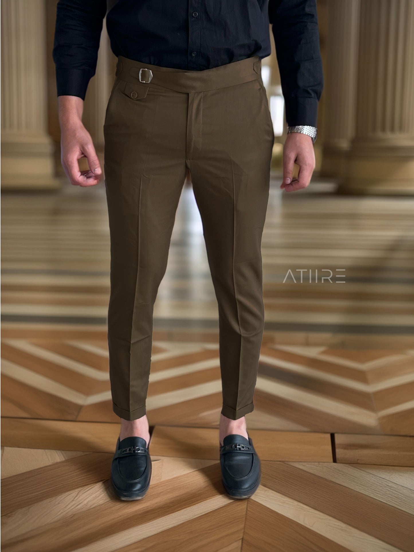 BROWN SINGLE PLEATED BUCKLE GURKHA PANTS BY ATIIRE