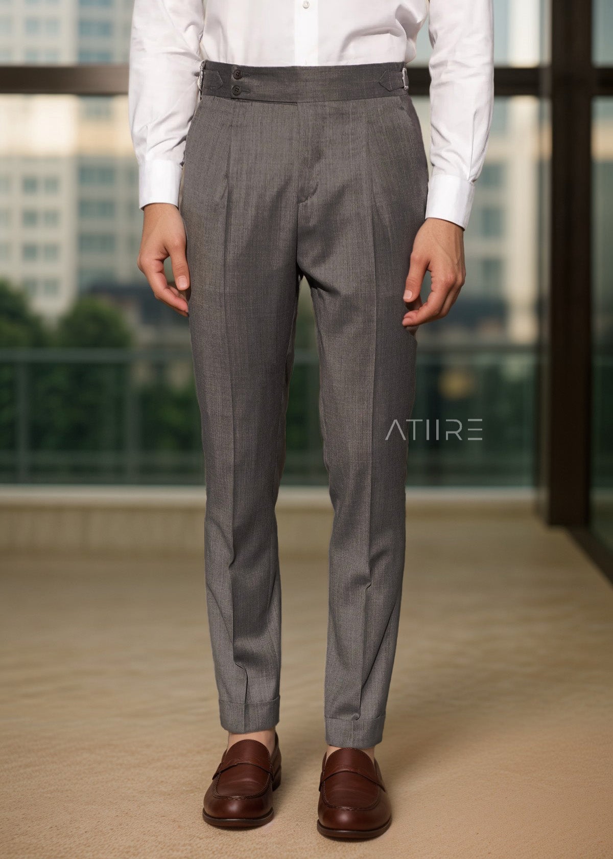 STONE GREY SIGNATURE BUTTONED GURKHA PANTS BY ATIIRE