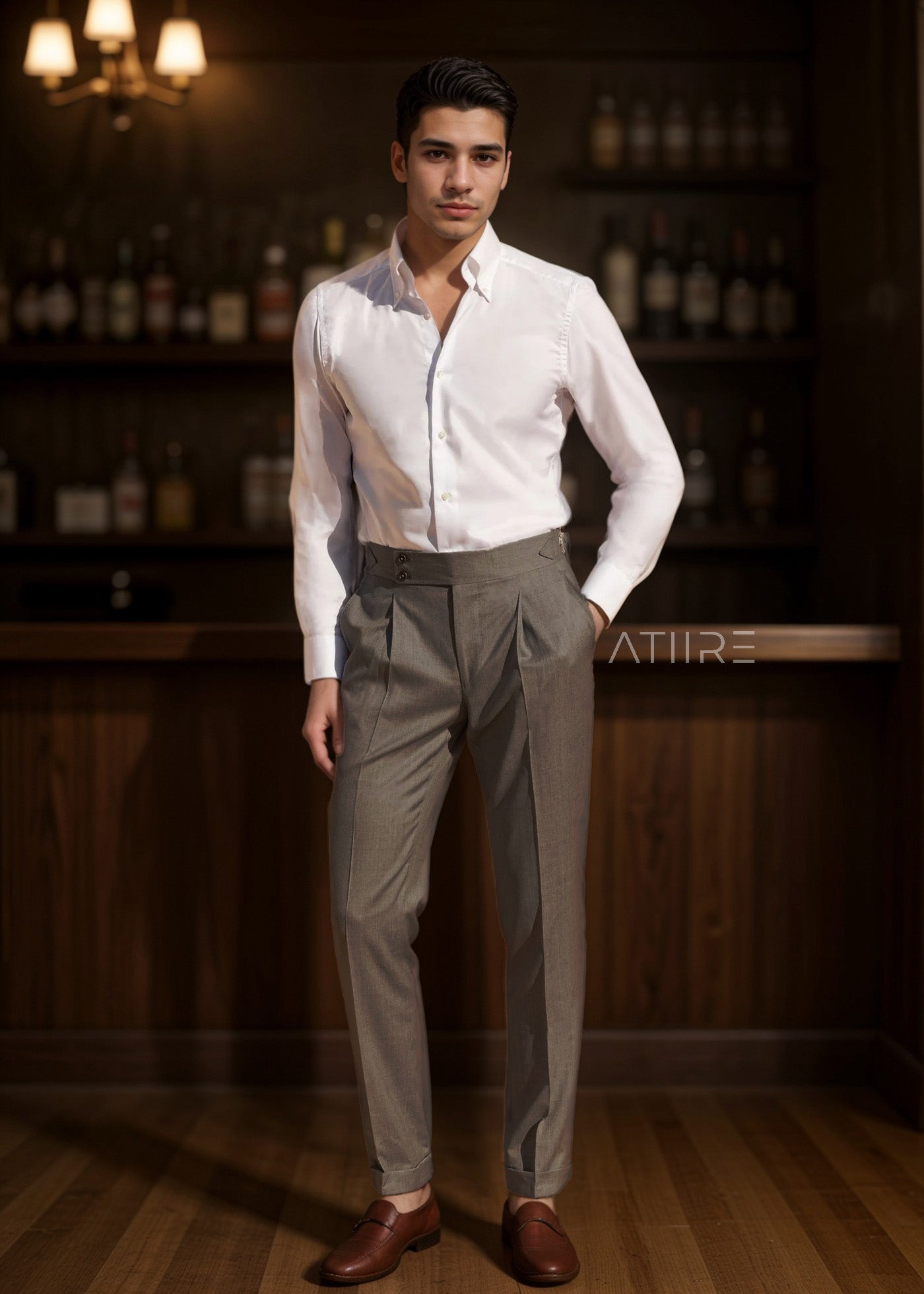 STONE GREY SIGNATURE BUTTONED GURKHA PANTS BY ATIIRE