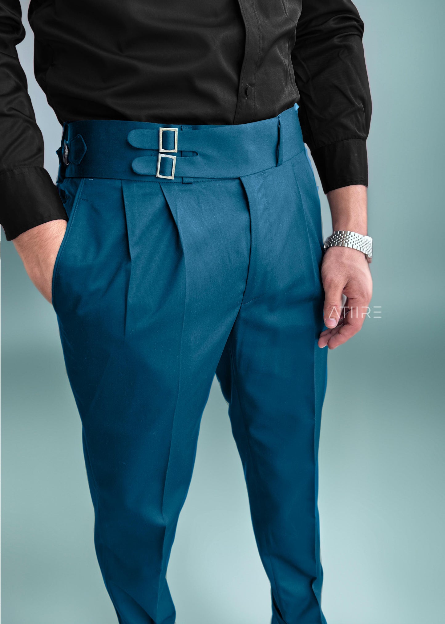 TEAL BLUE DOUBLE PLEATED BUCKLE GURKHA PANTS BY ATIIRE