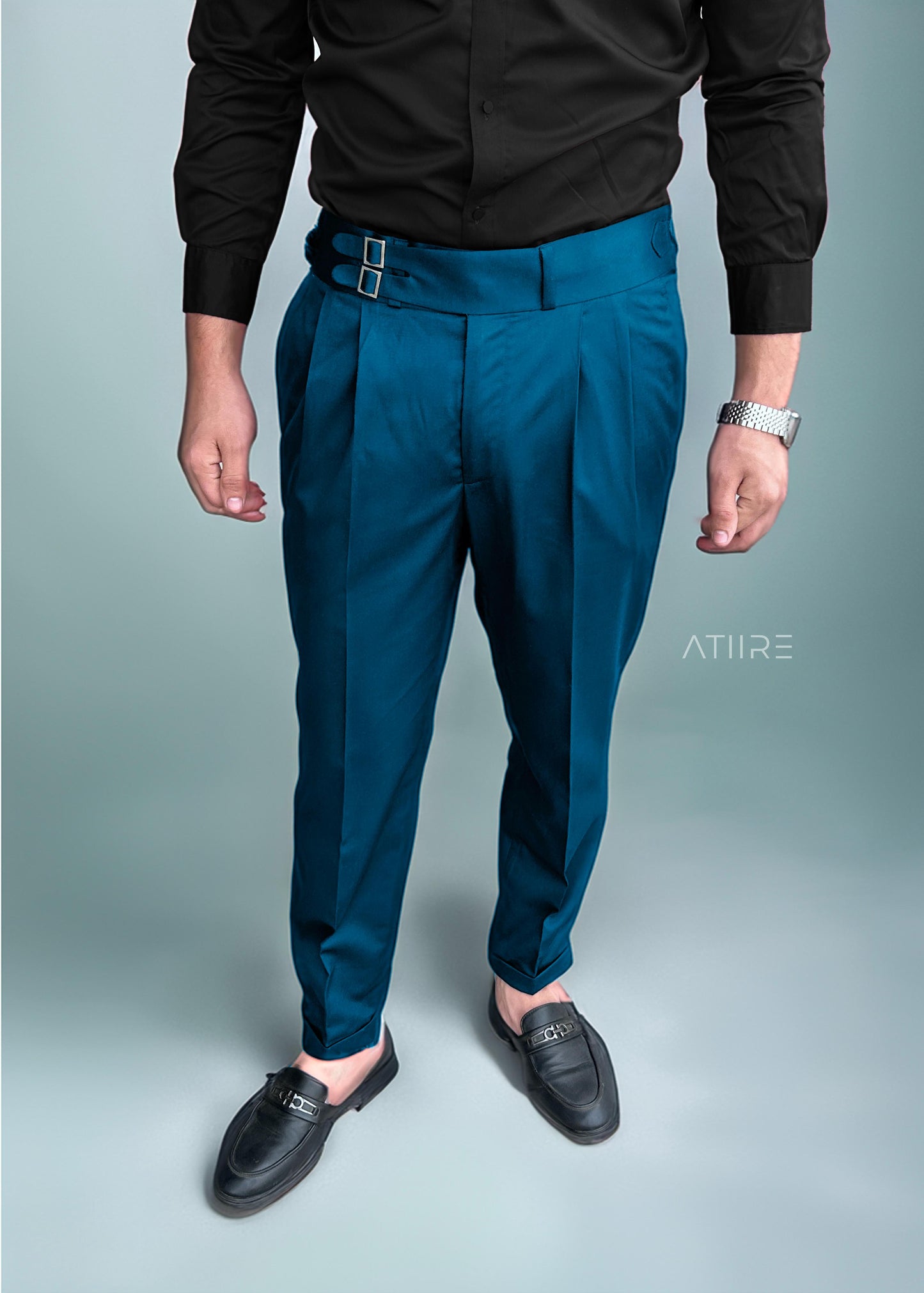 TEAL BLUE DOUBLE PLEATED BUCKLE GURKHA PANTS BY ATIIRE