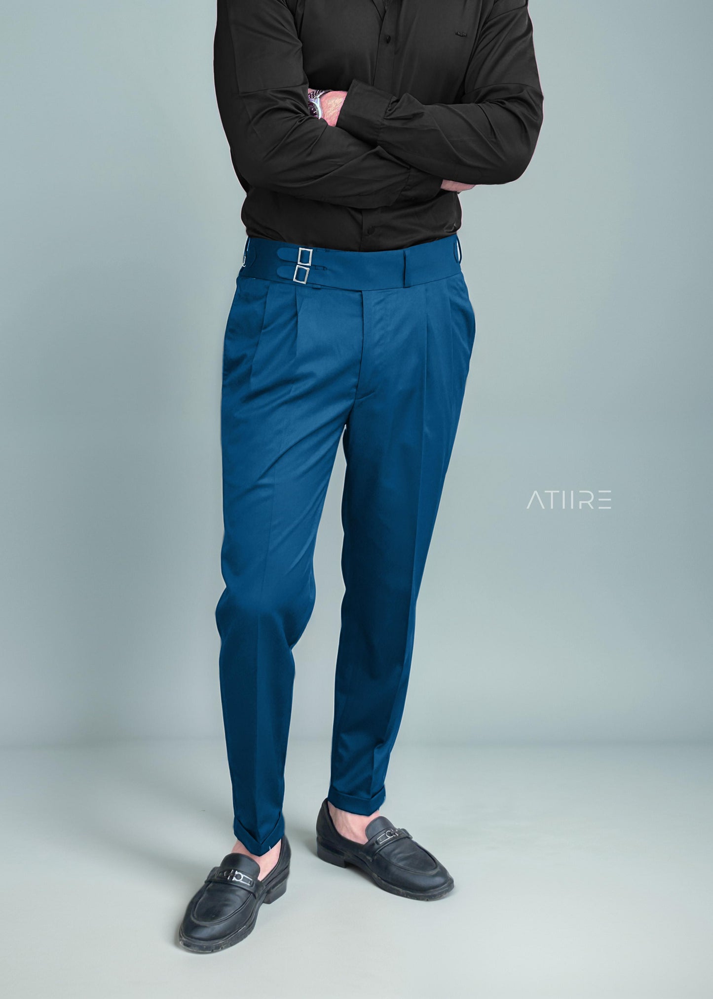 TEAL BLUE DOUBLE PLEATED BUCKLE GURKHA PANTS BY ATIIRE