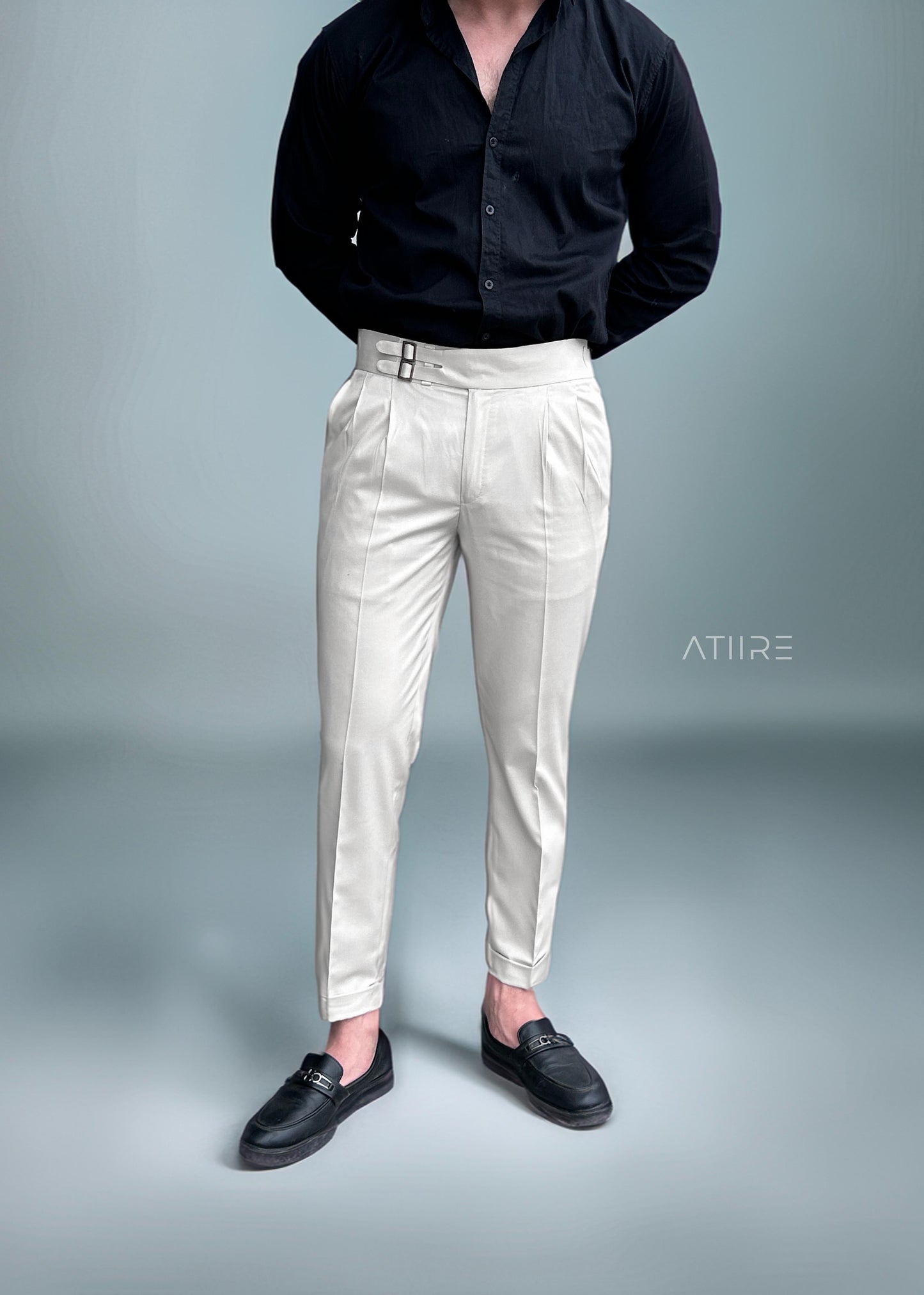 WHITE DOUBLE PLEATED BUCKLE GURKHA PANTS BY ATIIRE
