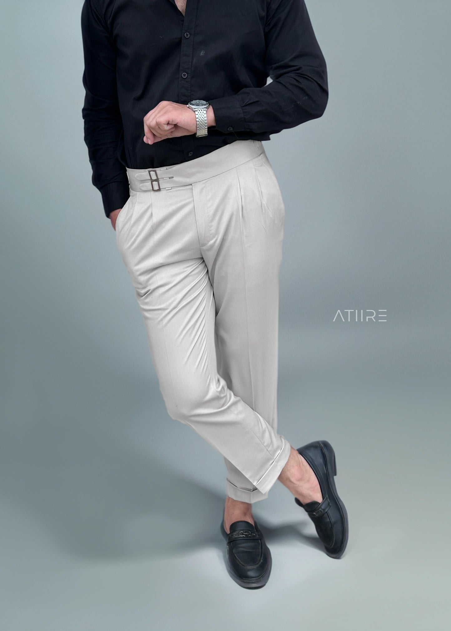WHITE DOUBLE PLEATED BUCKLE GURKHA PANTS BY ATIIRE
