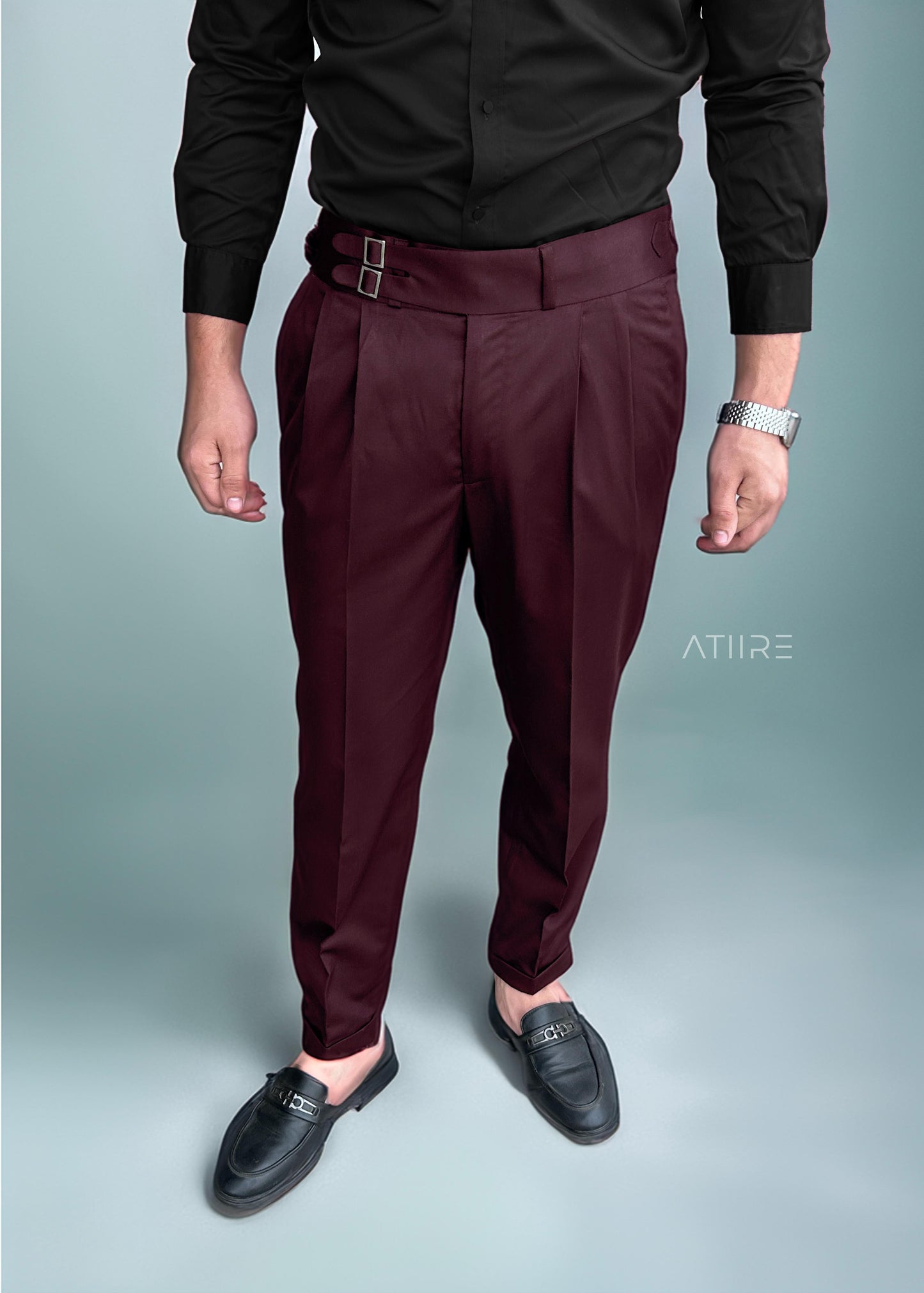 WINE DOUBLE PLEATED BUCKLE GURKHA PANTS BY ATIIRE