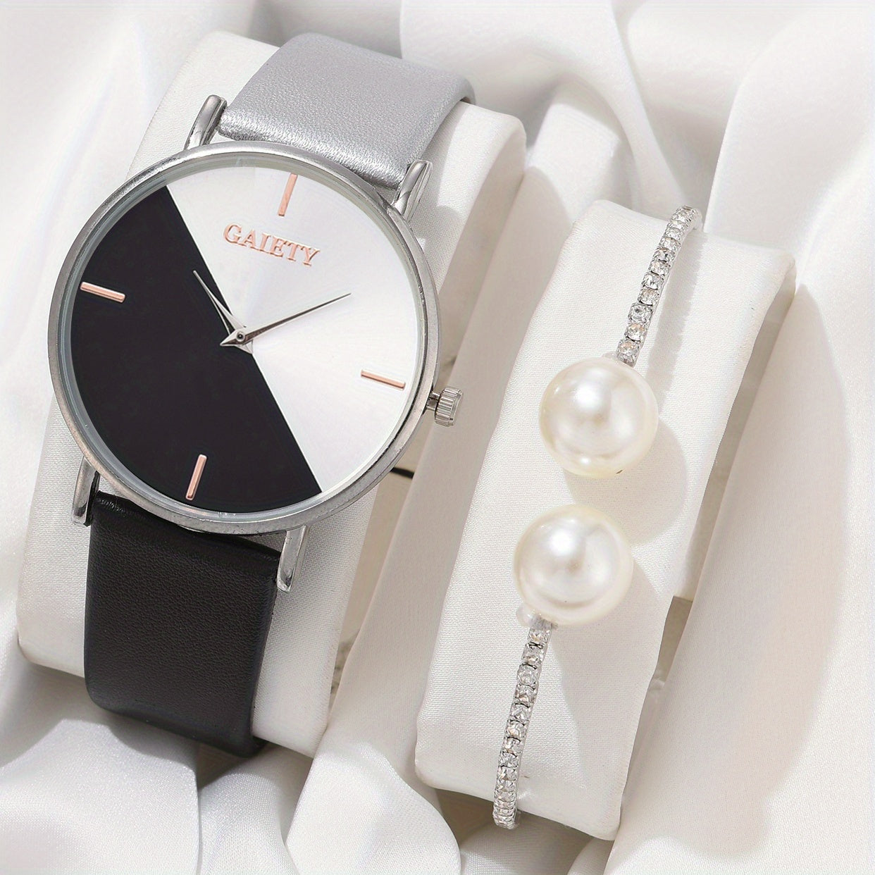 Minimalist Quartz Watch with PU Strap and Matching Bracelet