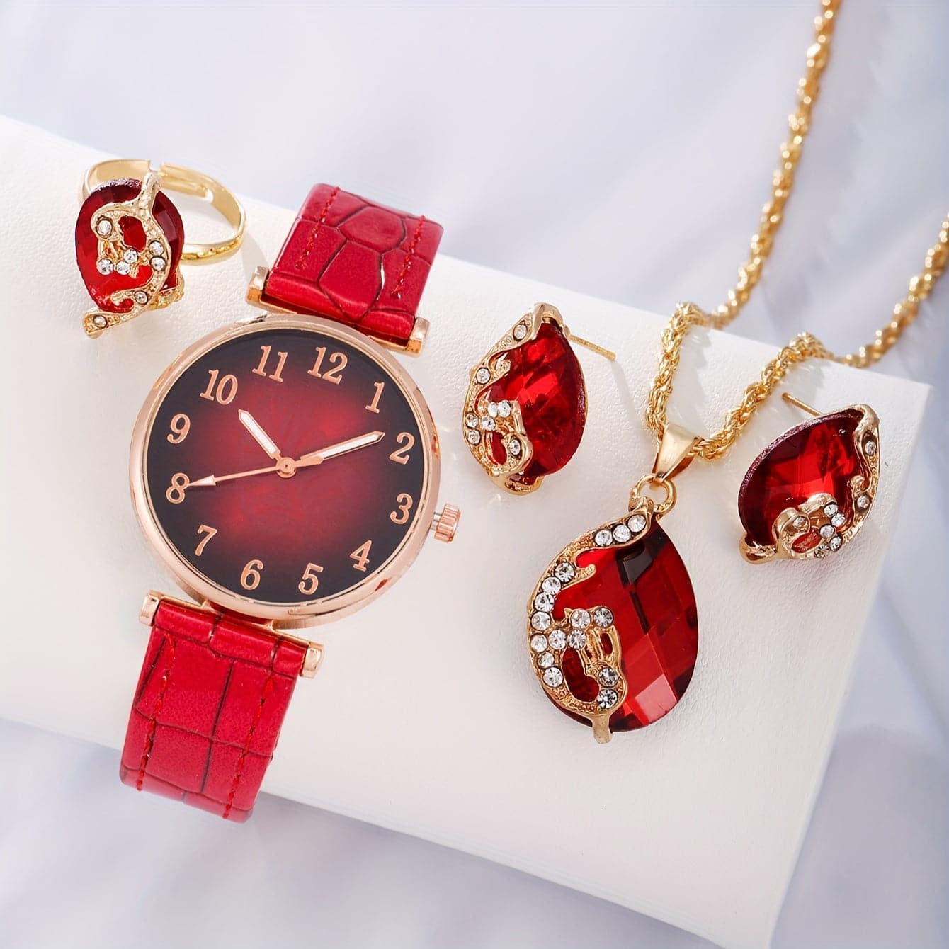 5-Piece Women's Leaf Quartz Watch & Jewelry Set – Casual Fashion