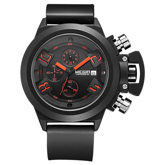 Megir Multifunctional Sports Silicone Band 3D Engraved Dial Quartz Watch For Men MG2002